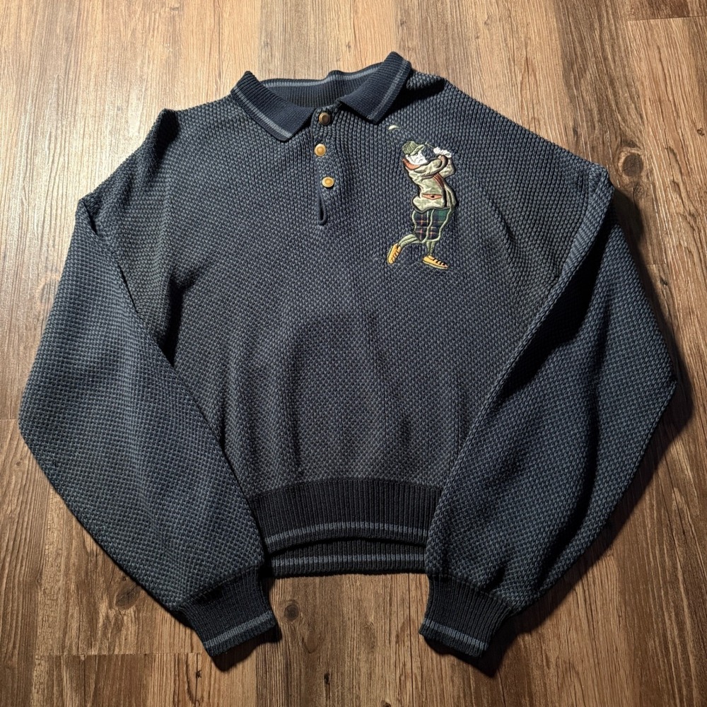 Vintage Robert Bruce Mens Large Golf Embroidered Knit Sweater Navy Blue Polo